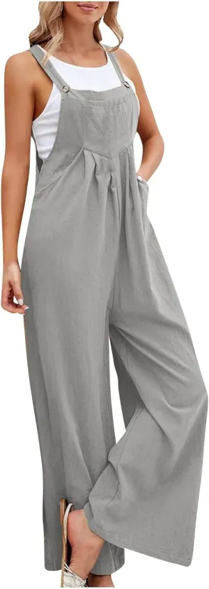 Wide Leg Overalls for Women Loose Fit Pleated Linen Jumpsuit Button Bib Overalls Summer Casual Rompers with Pockets