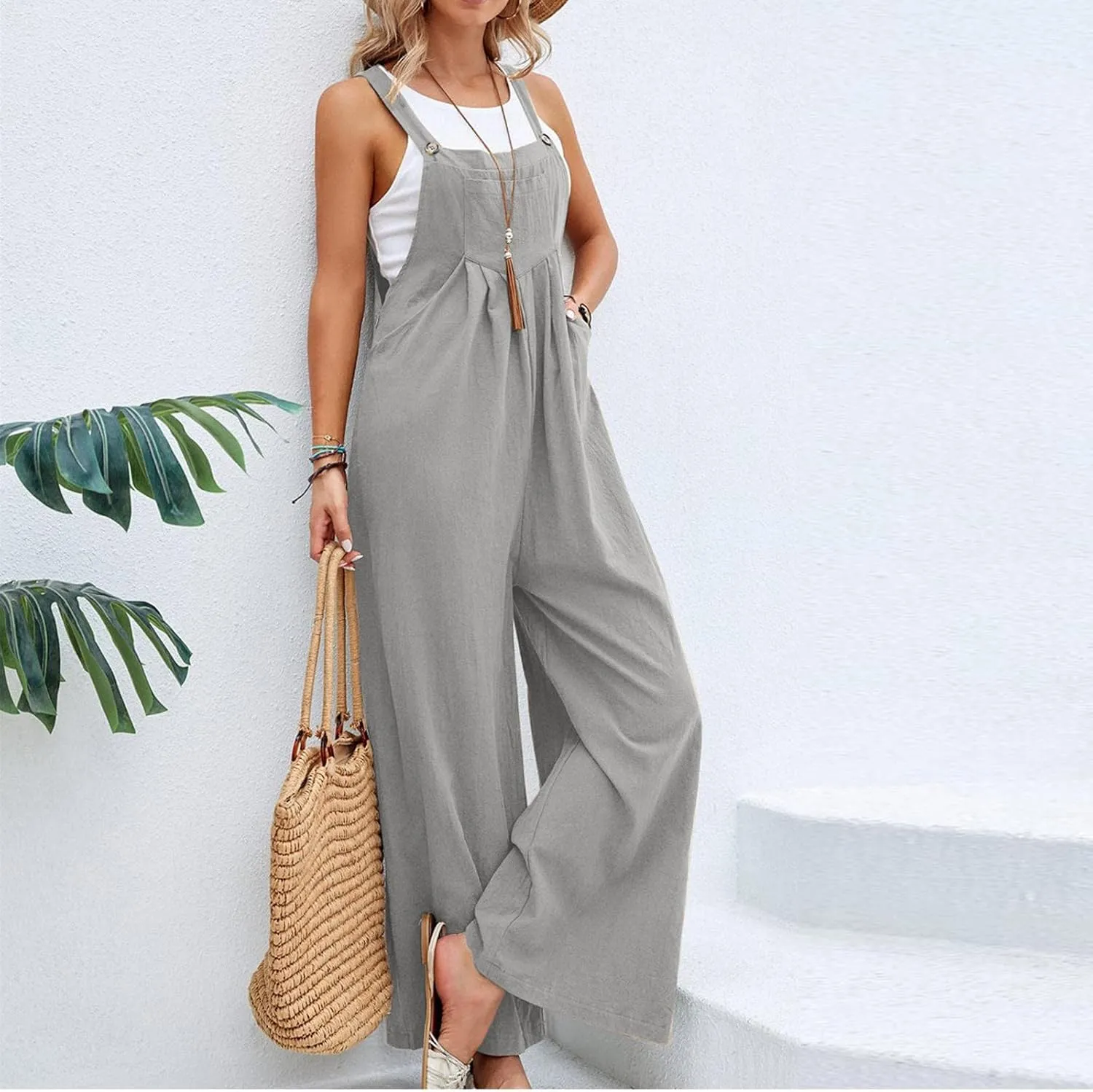 Wide Leg Overalls for Women Loose Fit Pleated Linen Jumpsuit Button Bib Overalls Summer Casual Rompers with Pockets