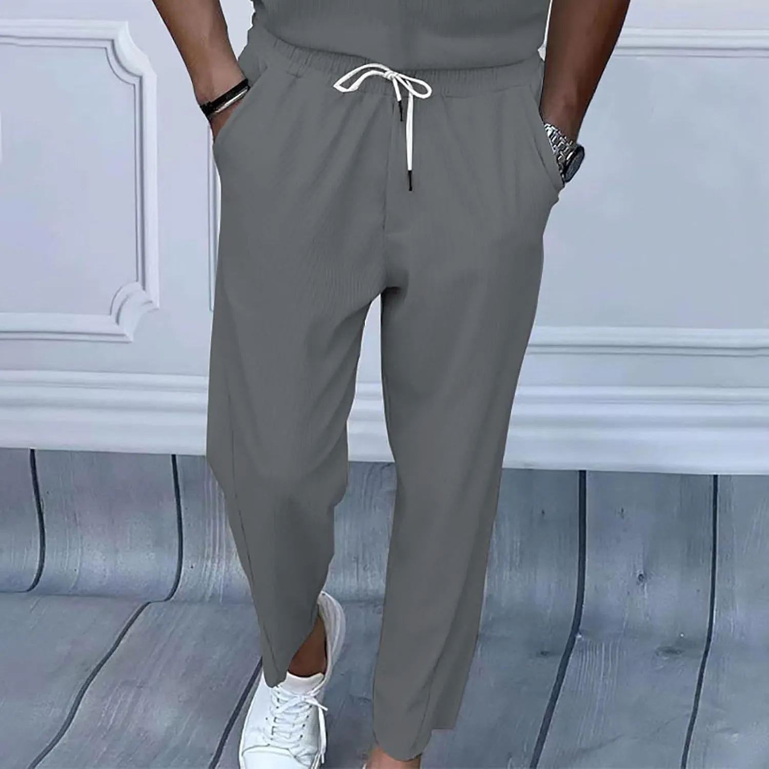 Wide Leg Pants Mens Lounge Solid Colour Pants Baggy Corduroy Pants Slant Pocket Tie Front Pants Flex Sport Pants