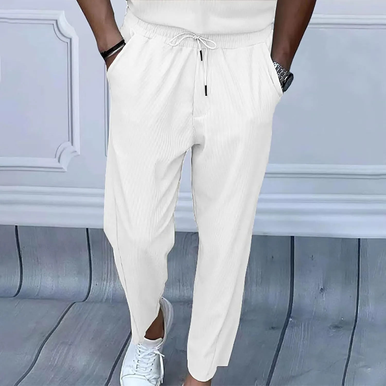 Wide Leg Pants Mens Lounge Solid Colour Pants Baggy Corduroy Pants Slant Pocket Tie Front Pants Flex Sport Pants