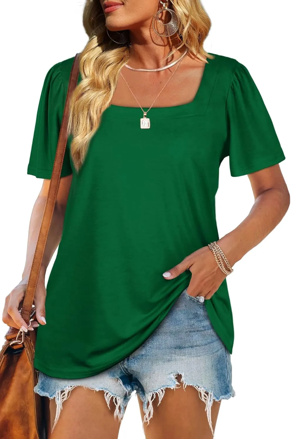 WIHOLL Womens Summer Tops Casual Square Neck Puff Short Sleeve T Shirts