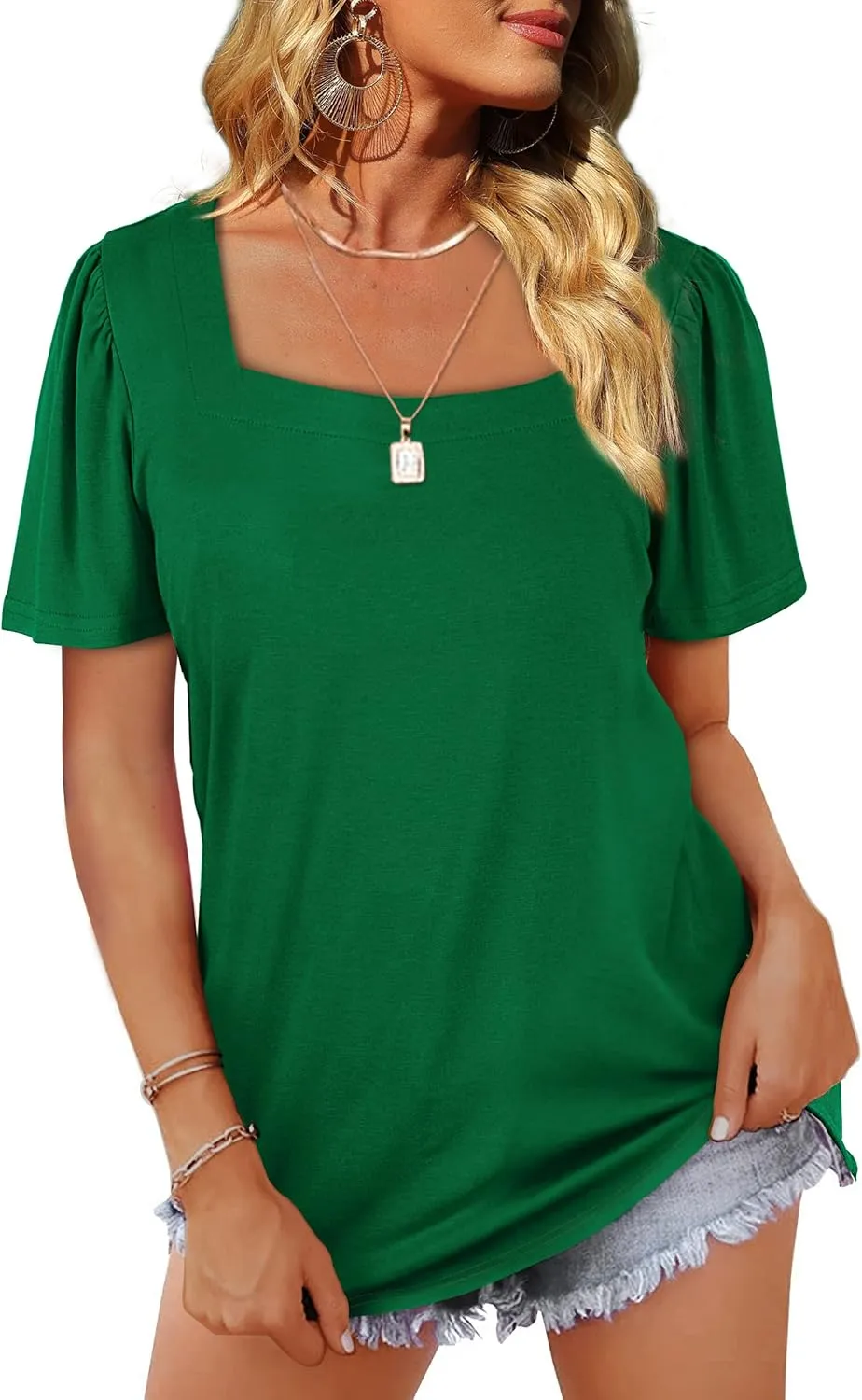 WIHOLL Womens Summer Tops Casual Square Neck Puff Short Sleeve T Shirts