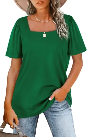 WIHOLL Womens Summer Tops Casual Square Neck Puff Short Sleeve T Shirts