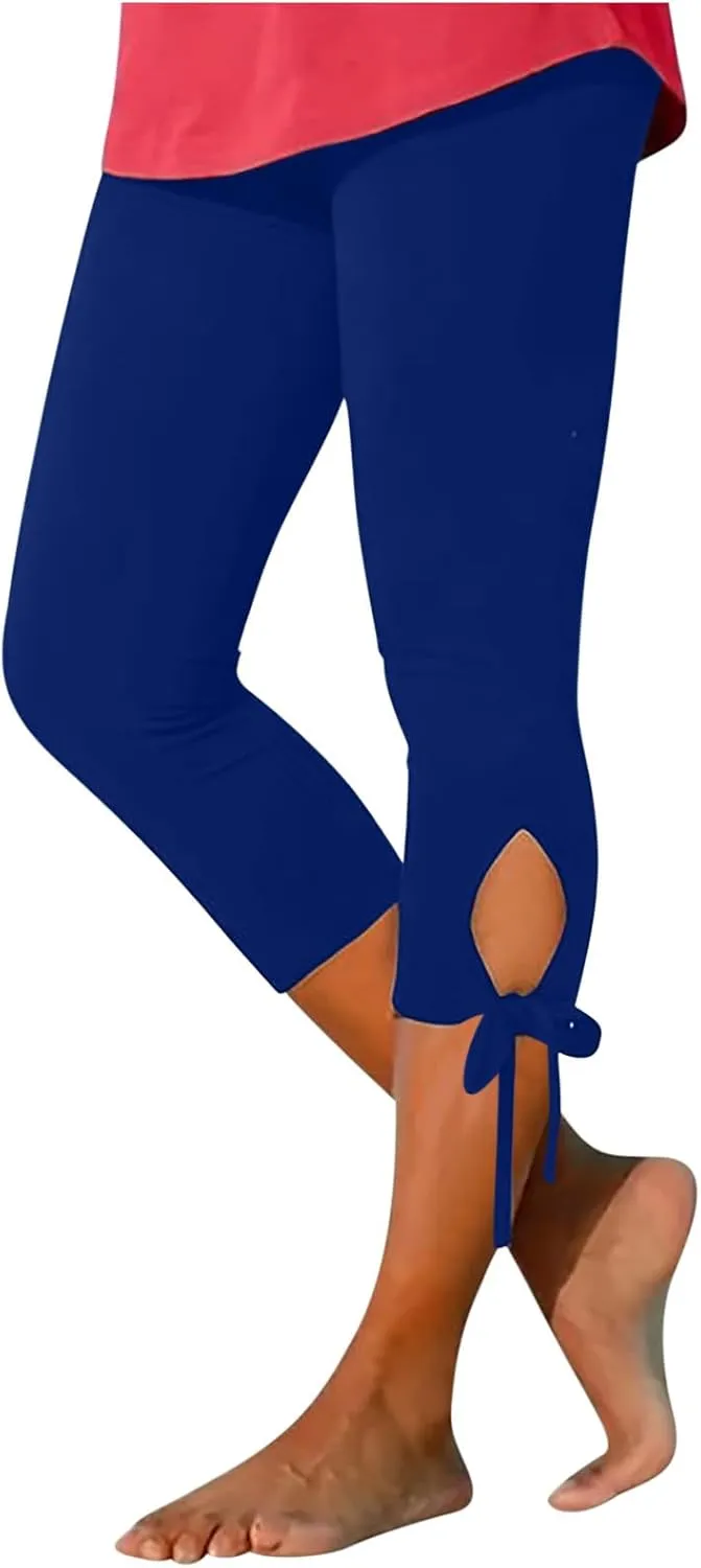 Women Bow Trouser Legs Capri Trousers Ladies Knee Length Shorts Cropped Capris Yoga Gym Pants Three Quarter Half Pant