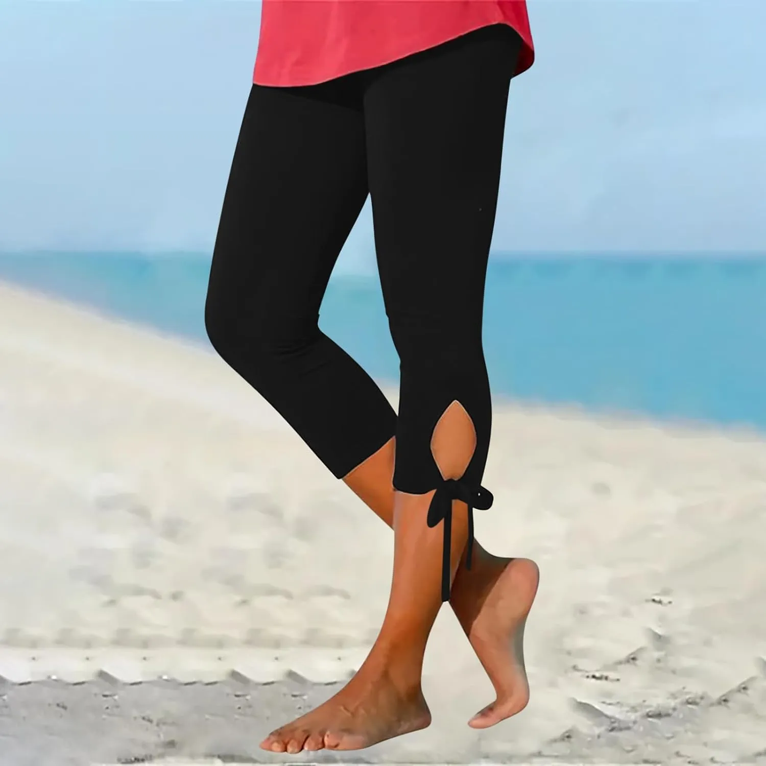 Women Bow Trouser Legs Capri Trousers Ladies Knee Length Shorts Cropped Capris Yoga Gym Pants Three Quarter Half Pant