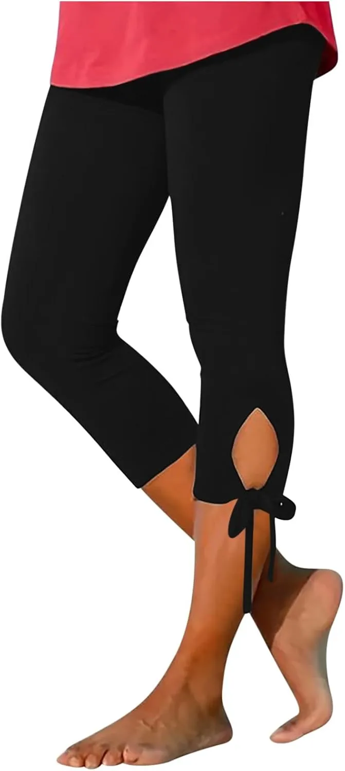 Women Bow Trouser Legs Capri Trousers Ladies Knee Length Shorts Cropped Capris Yoga Gym Pants Three Quarter Half Pant