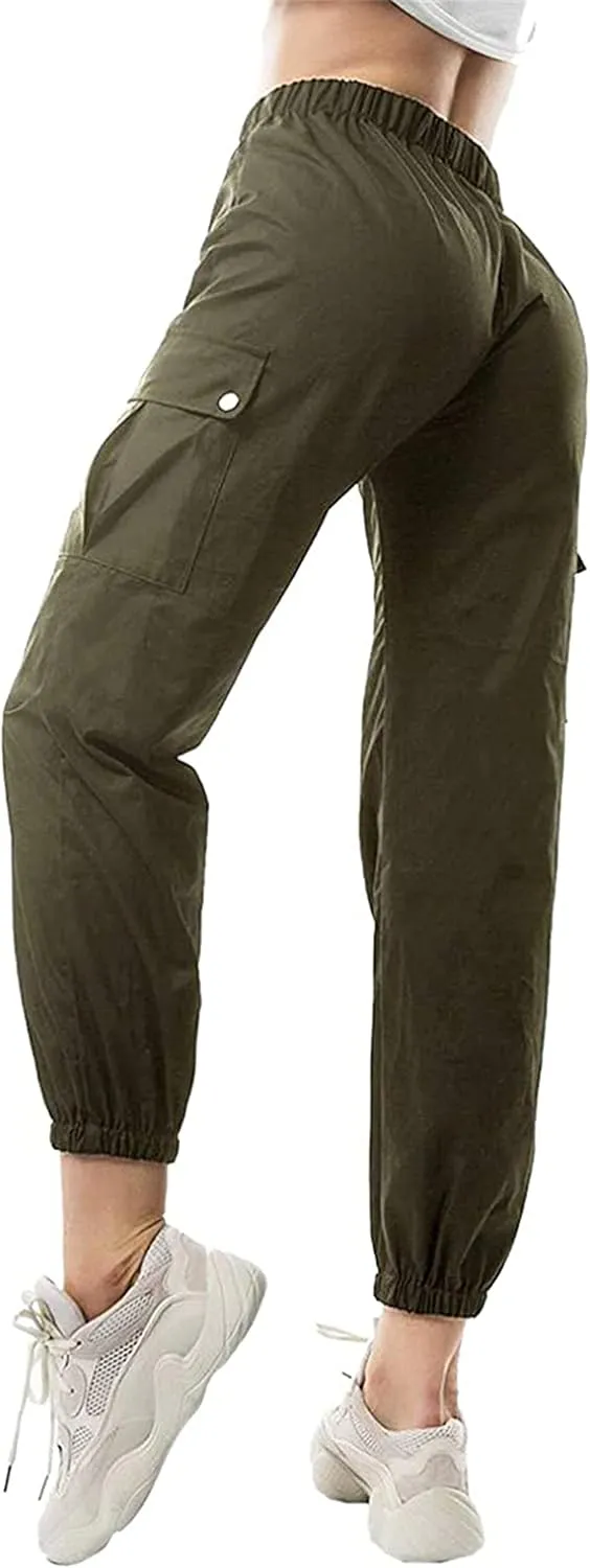 Women Casual Cargo Jogger Pants,Loose High Waisted Harem Cargo Pants,Solid Elastic Jogger Pants Teen Girls Junior