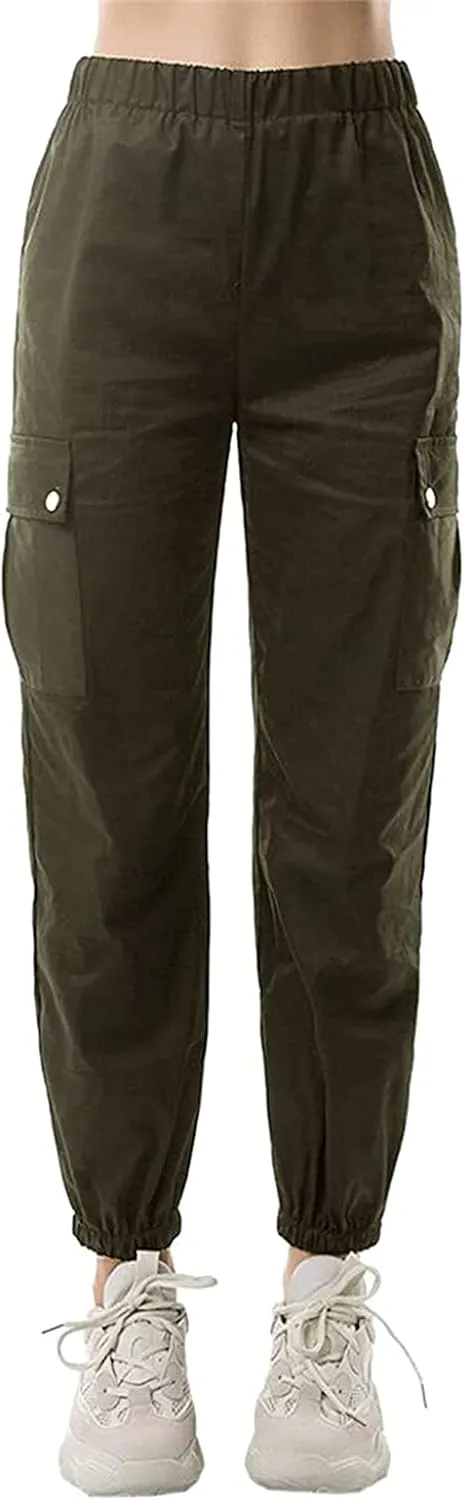 Women Casual Cargo Jogger Pants,Loose High Waisted Harem Cargo Pants,Solid Elastic Jogger Pants Teen Girls Junior