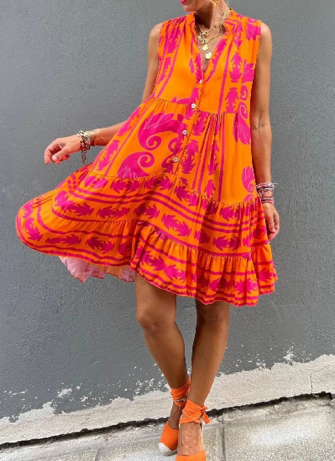 Women Casual Loose Sundress Sleeveless Pleated Beach Shirt Dress Print Mini Dress Travel Vacation 2025 Summer Outfits