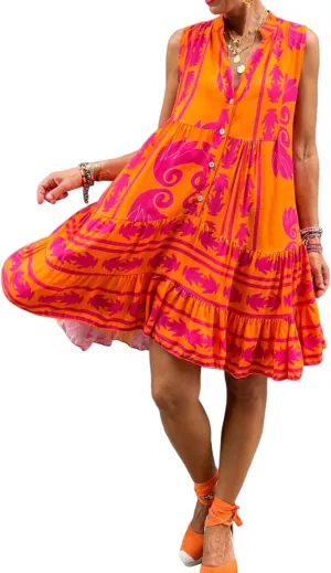 Women Casual Loose Sundress Sleeveless Pleated Beach Shirt Dress Print Mini Dress Travel Vacation 2025 Summer Outfits