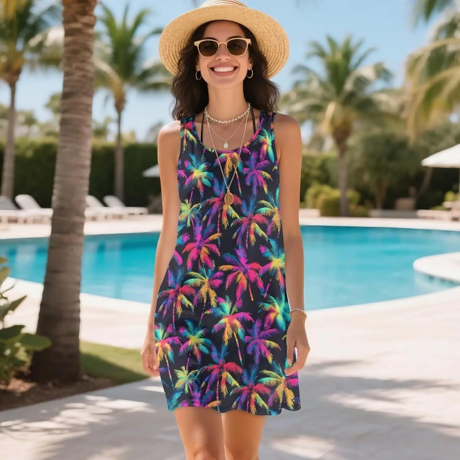 Women Casual Summer Beach Dresses Tropical Plus Size Sundress Scoop Neck Swing Tank Dress Cover Ups