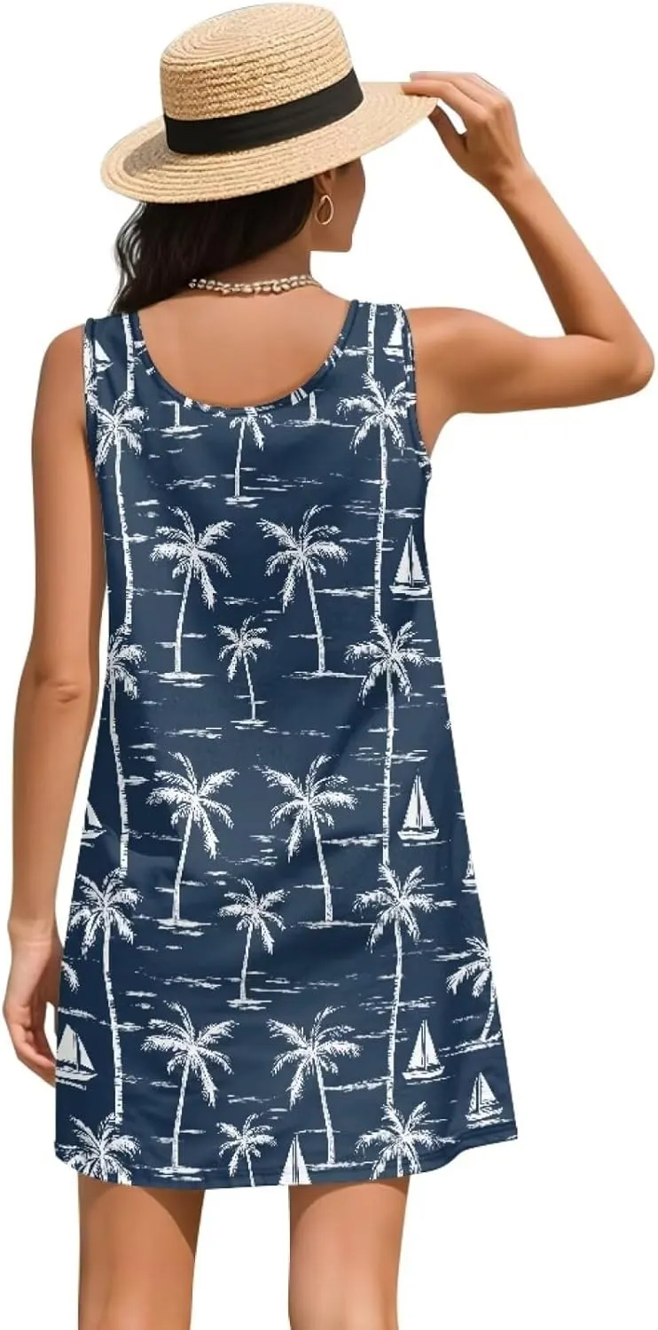 Women Casual Summer Beach Dresses Tropical Plus Size Sundress Scoop Neck Swing Tank Dress Cover Ups