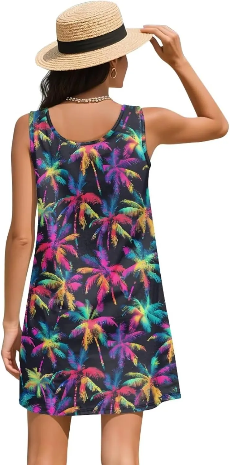 Women Casual Summer Beach Dresses Tropical Plus Size Sundress Scoop Neck Swing Tank Dress Cover Ups