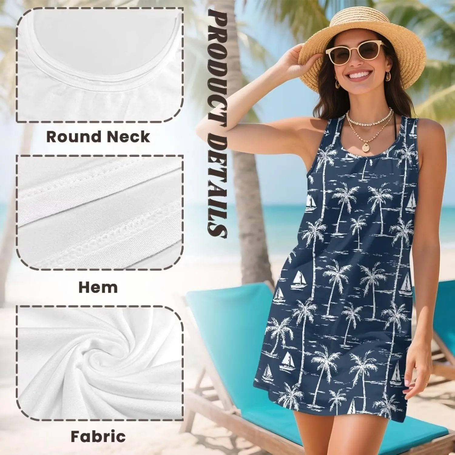 Women Casual Summer Beach Dresses Tropical Plus Size Sundress Scoop Neck Swing Tank Dress Cover Ups