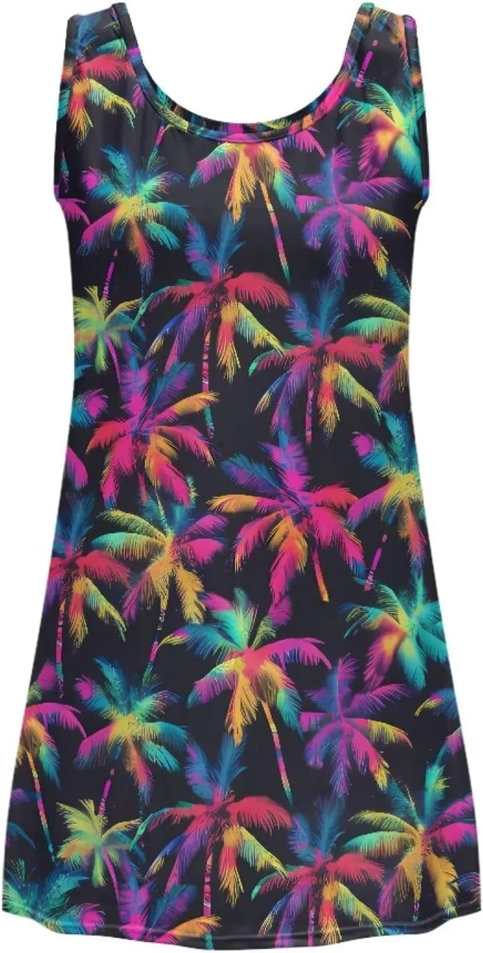 Women Casual Summer Beach Dresses Tropical Plus Size Sundress Scoop Neck Swing Tank Dress Cover Ups