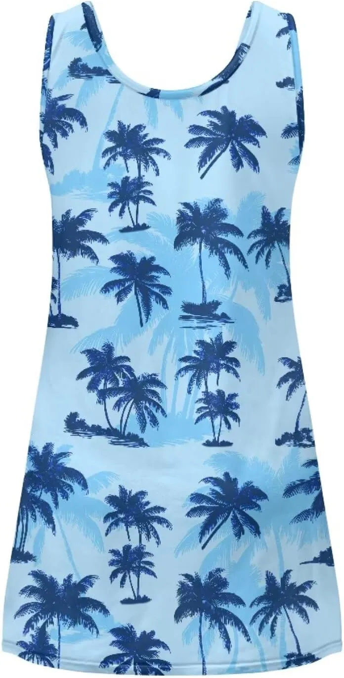 Women Casual Summer Beach Dresses Tropical Plus Size Sundress Scoop Neck Swing Tank Dress Cover Ups