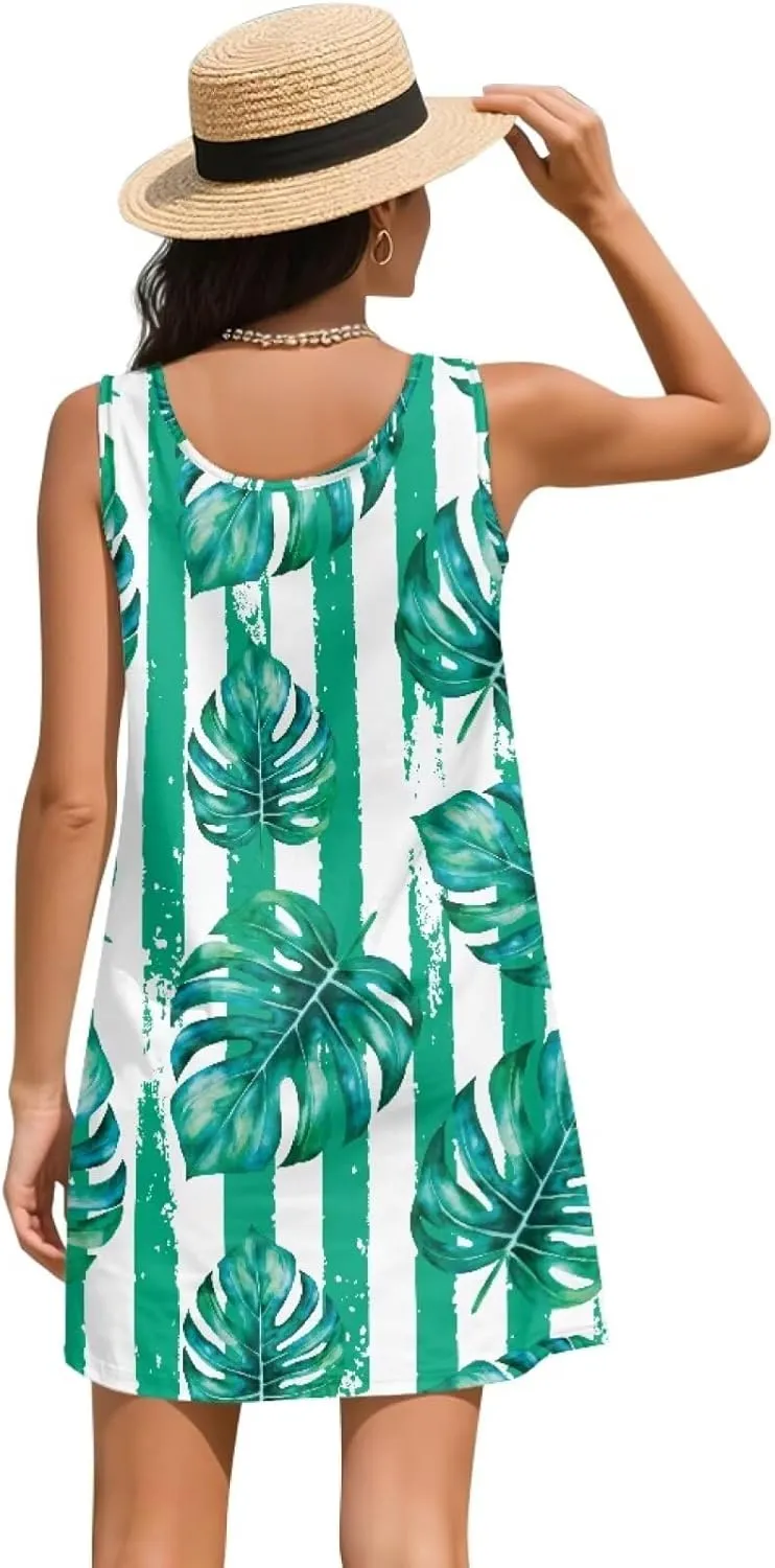 Women Casual Summer Beach Dresses Tropical Plus Size Sundress Scoop Neck Swing Tank Dress Cover Ups