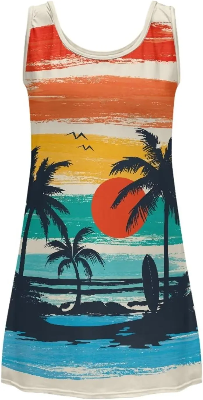 Women Casual Summer Beach Dresses Tropical Plus Size Sundress Scoop Neck Swing Tank Dress Cover Ups