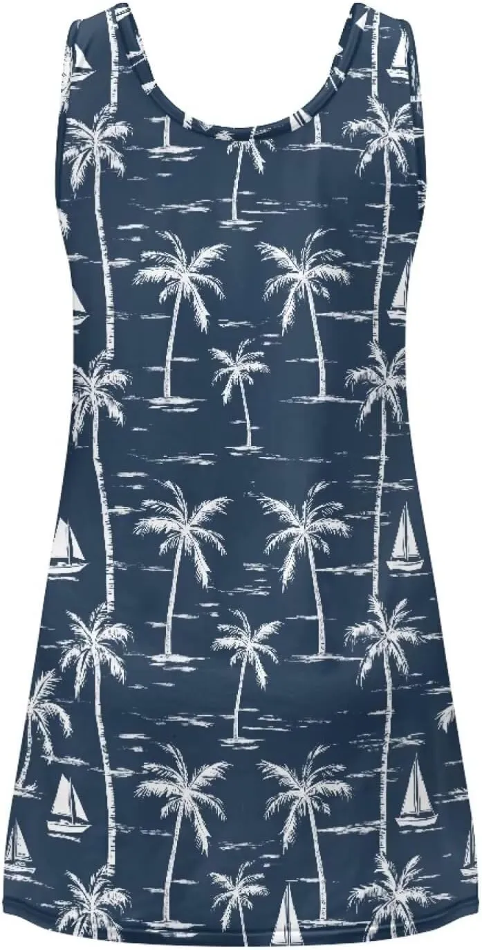 Women Casual Summer Beach Dresses Tropical Plus Size Sundress Scoop Neck Swing Tank Dress Cover Ups