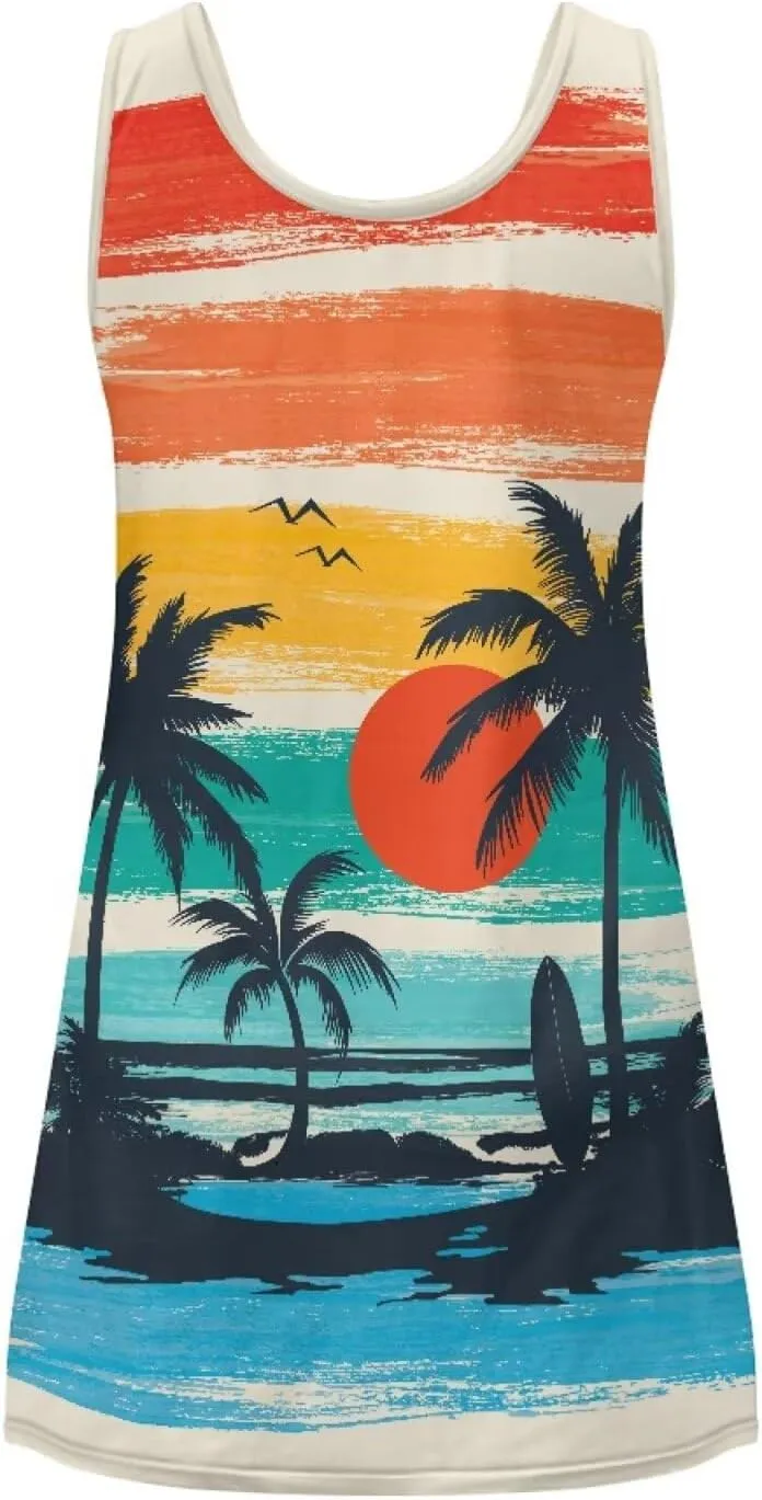 Women Casual Summer Beach Dresses Tropical Plus Size Sundress Scoop Neck Swing Tank Dress Cover Ups