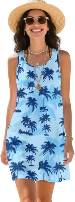 Women Casual Summer Beach Dresses Tropical Plus Size Sundress Scoop Neck Swing Tank Dress Cover Ups