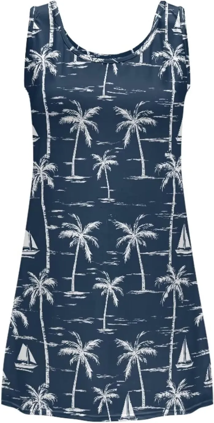Women Casual Summer Beach Dresses Tropical Plus Size Sundress Scoop Neck Swing Tank Dress Cover Ups