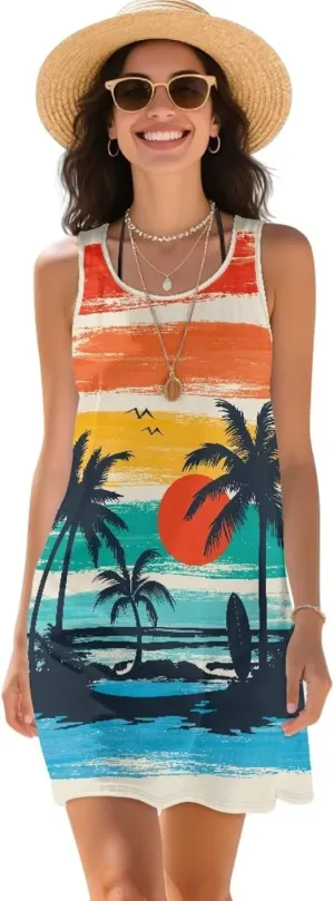 Women Casual Summer Beach Dresses Tropical Plus Size Sundress Scoop Neck Swing Tank Dress Cover Ups