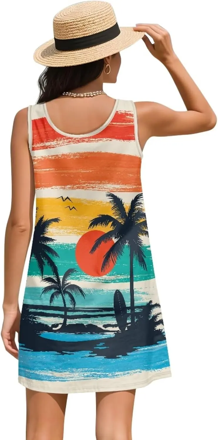 Women Casual Summer Beach Dresses Tropical Plus Size Sundress Scoop Neck Swing Tank Dress Cover Ups