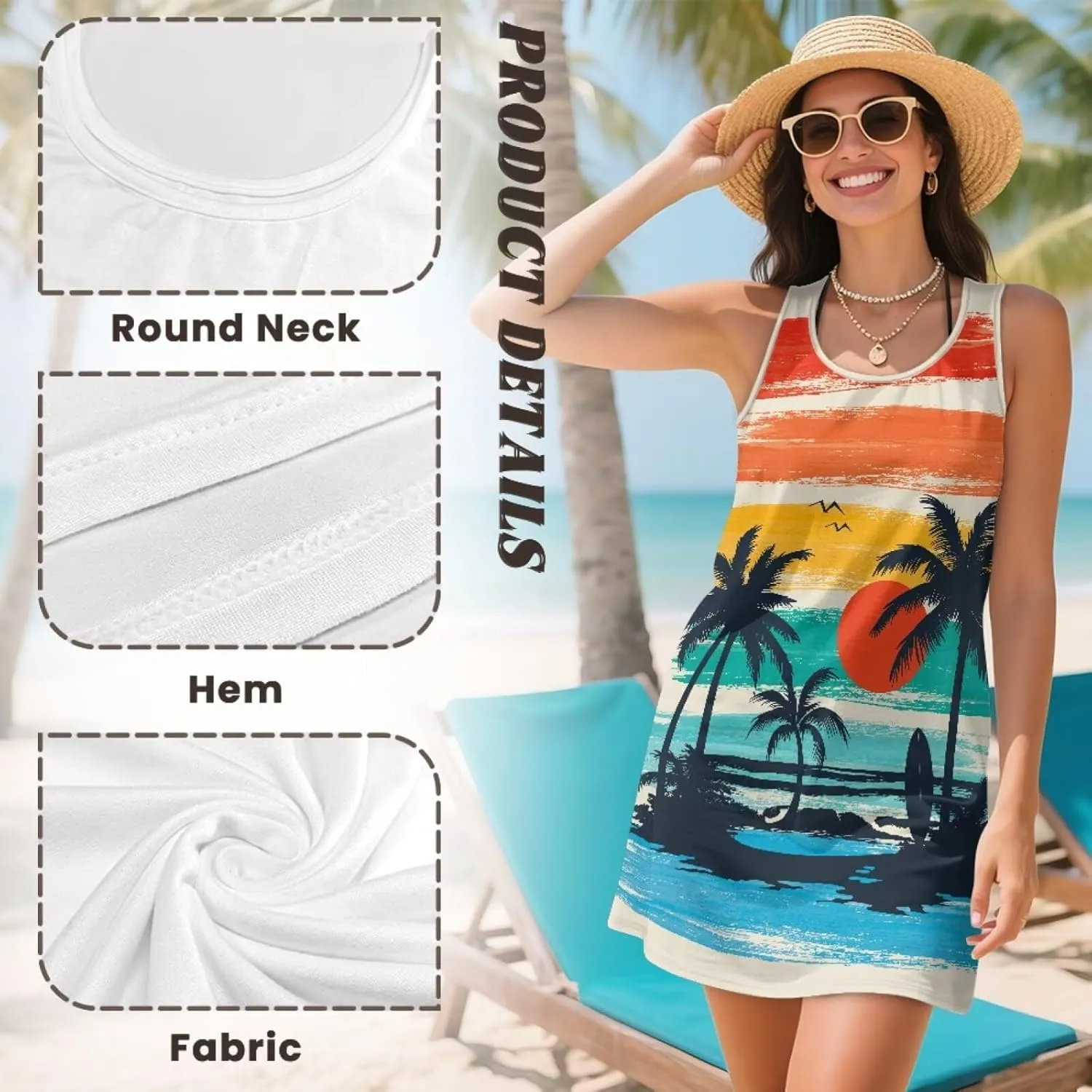 Women Casual Summer Beach Dresses Tropical Plus Size Sundress Scoop Neck Swing Tank Dress Cover Ups