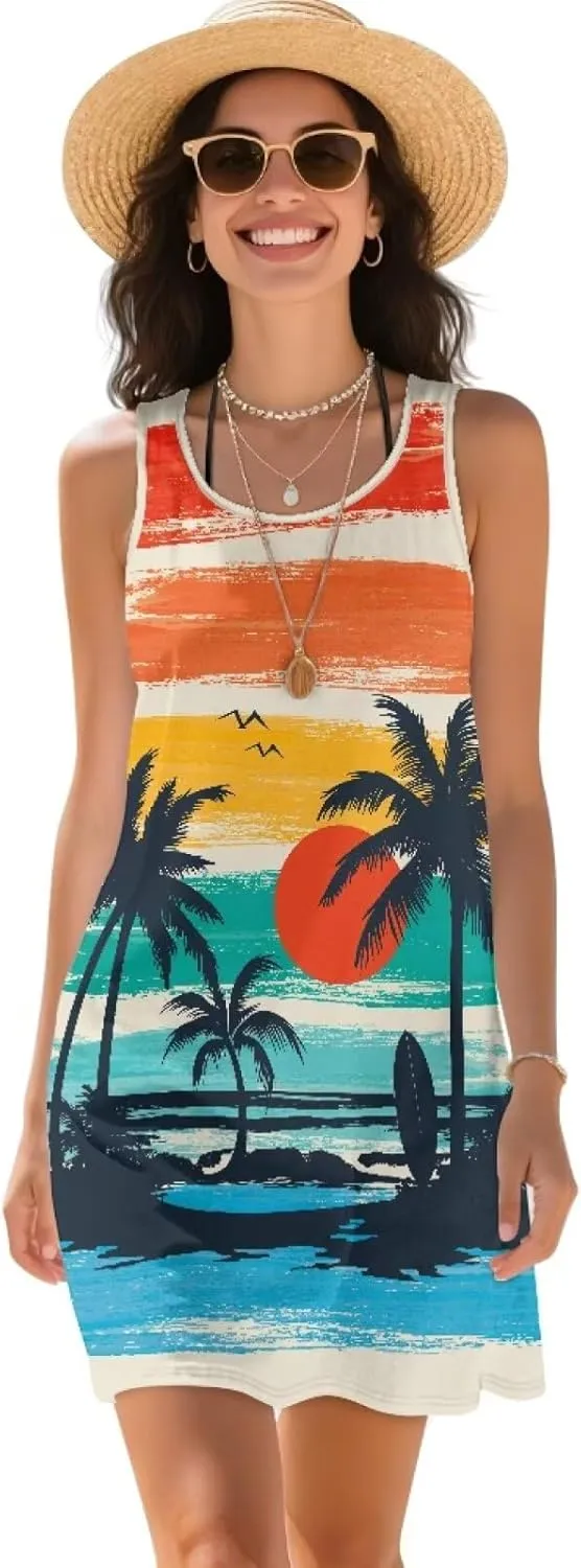 Women Casual Summer Beach Dresses Tropical Plus Size Sundress Scoop Neck Swing Tank Dress Cover Ups