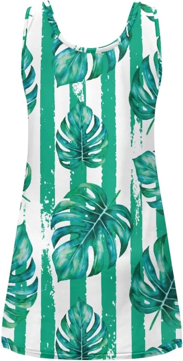 Women Casual Summer Beach Dresses Tropical Plus Size Sundress Scoop Neck Swing Tank Dress Cover Ups