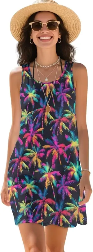 Women Casual Summer Beach Dresses Tropical Plus Size Sundress Scoop Neck Swing Tank Dress Cover Ups