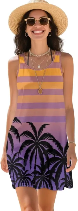 Women Casual Summer Beach Dresses Tropical Plus Size Sundress Scoop Neck Swing Tank Dress Cover Ups
