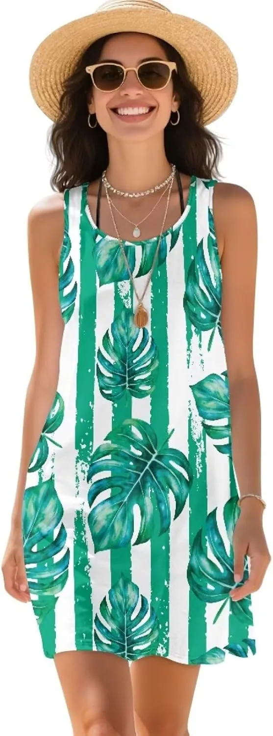 Women Casual Summer Beach Dresses Tropical Plus Size Sundress Scoop Neck Swing Tank Dress Cover Ups