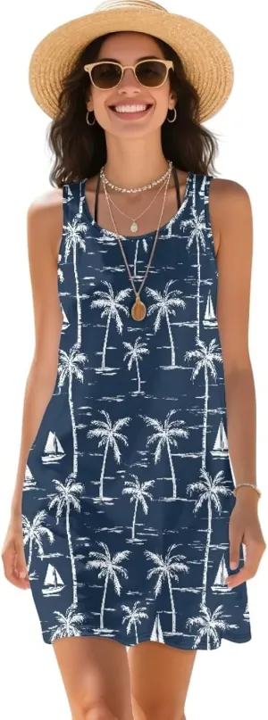 Women Casual Summer Beach Dresses Tropical Plus Size Sundress Scoop Neck Swing Tank Dress Cover Ups