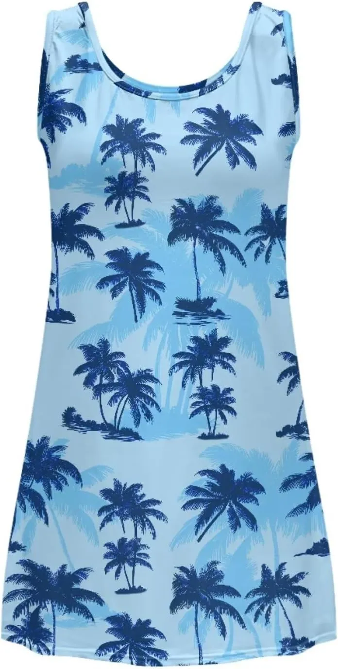 Women Casual Summer Beach Dresses Tropical Plus Size Sundress Scoop Neck Swing Tank Dress Cover Ups
