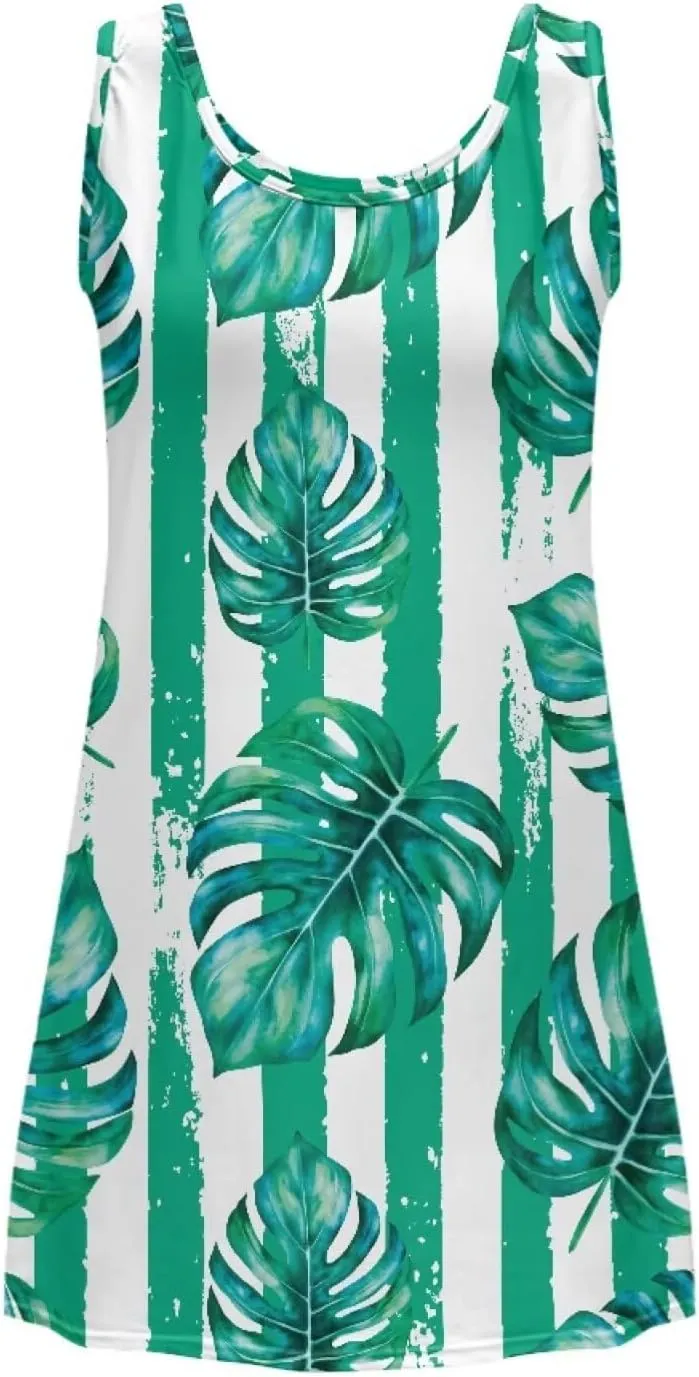 Women Casual Summer Beach Dresses Tropical Plus Size Sundress Scoop Neck Swing Tank Dress Cover Ups