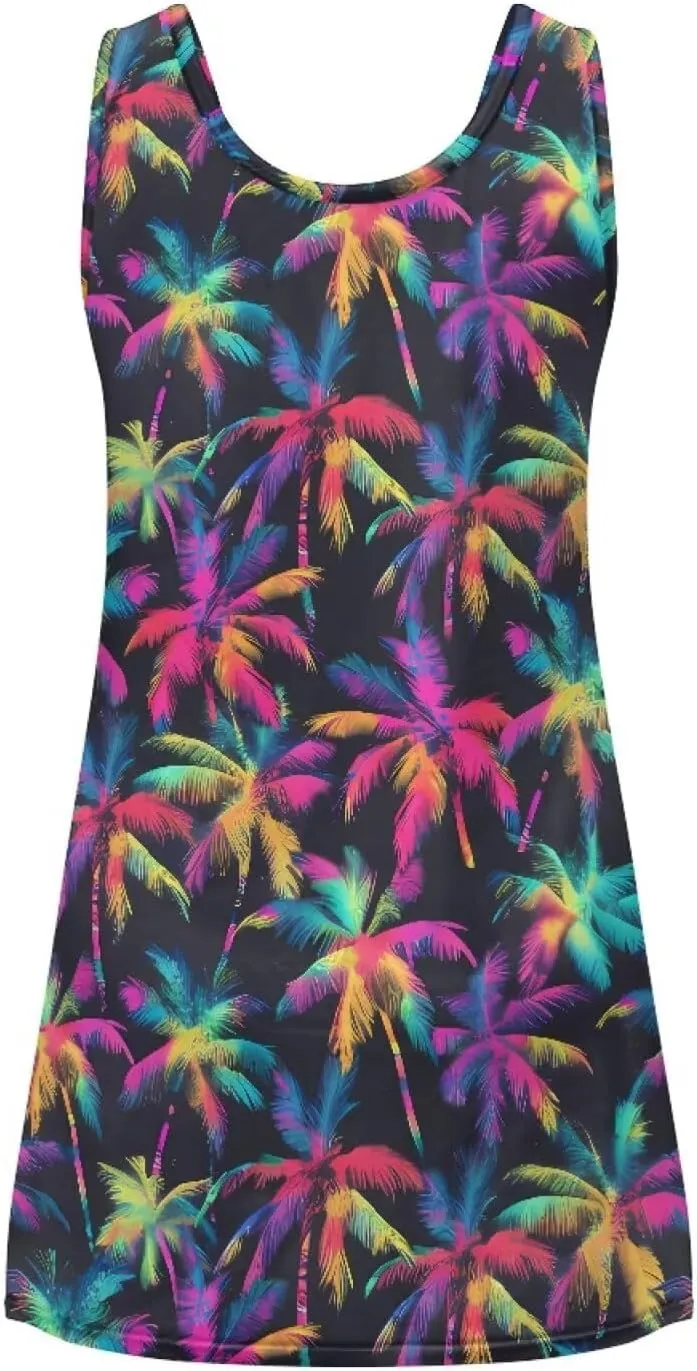 Women Casual Summer Beach Dresses Tropical Plus Size Sundress Scoop Neck Swing Tank Dress Cover Ups