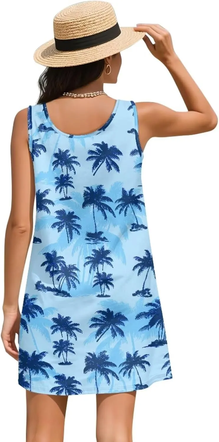 Women Casual Summer Beach Dresses Tropical Plus Size Sundress Scoop Neck Swing Tank Dress Cover Ups