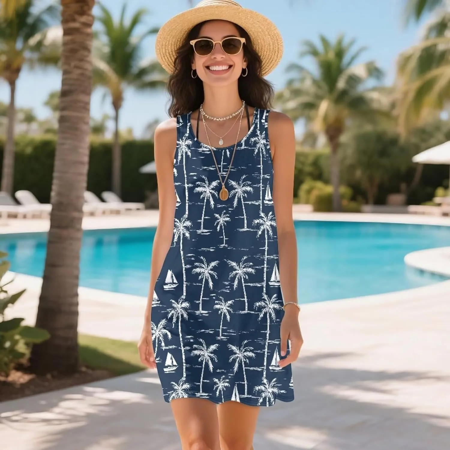 Women Casual Summer Beach Dresses Tropical Plus Size Sundress Scoop Neck Swing Tank Dress Cover Ups