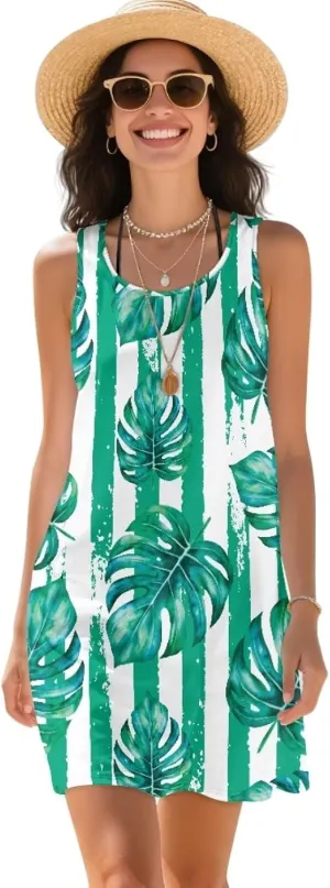 Women Casual Summer Beach Dresses Tropical Plus Size Sundress Scoop Neck Swing Tank Dress Cover Ups