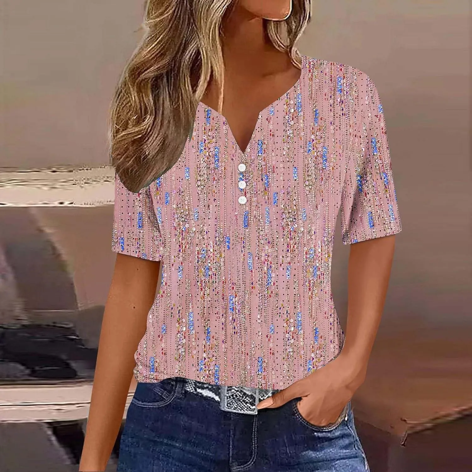Women Floral Print Summer Blouses Short Sleeve Henley Shirts Tops V Neck Causal Tunic Trendy Boho Clothes 2024