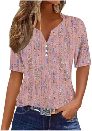 Women Floral Print Summer Blouses Short Sleeve Henley Shirts Tops V Neck Causal Tunic Trendy Boho Clothes 2024