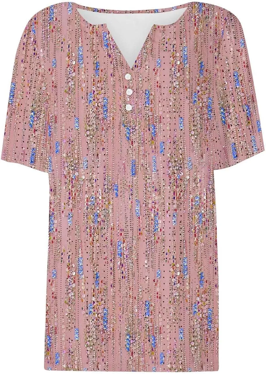 Women Floral Print Summer Blouses Short Sleeve Henley Shirts Tops V Neck Causal Tunic Trendy Boho Clothes 2024
