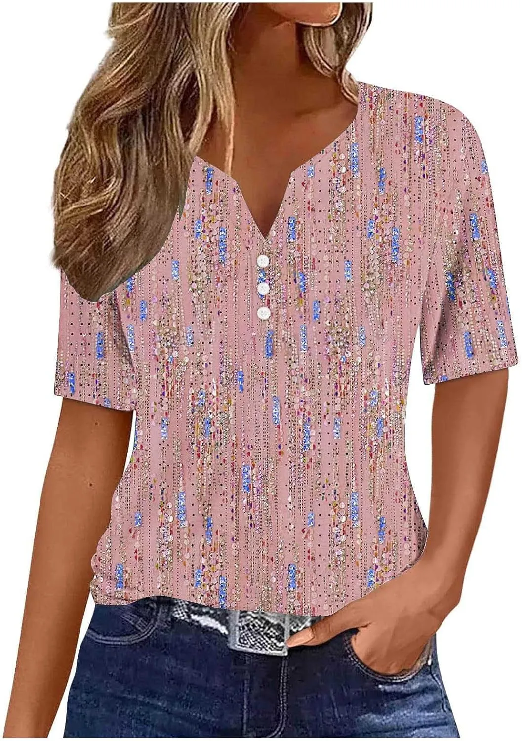 Women Floral Print Summer Blouses Short Sleeve Henley Shirts Tops V Neck Causal Tunic Trendy Boho Clothes 2024