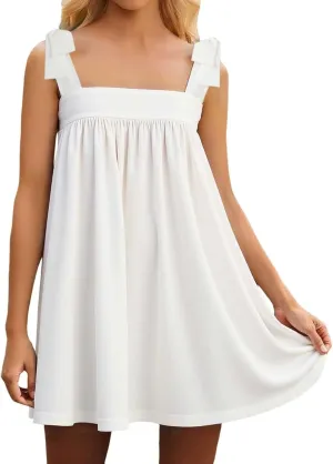 Women Floral Tie Shoulder Mini Dress Cute Square Neck Loose Fit Beach Short Dress Backless Boho Vocation Sundress