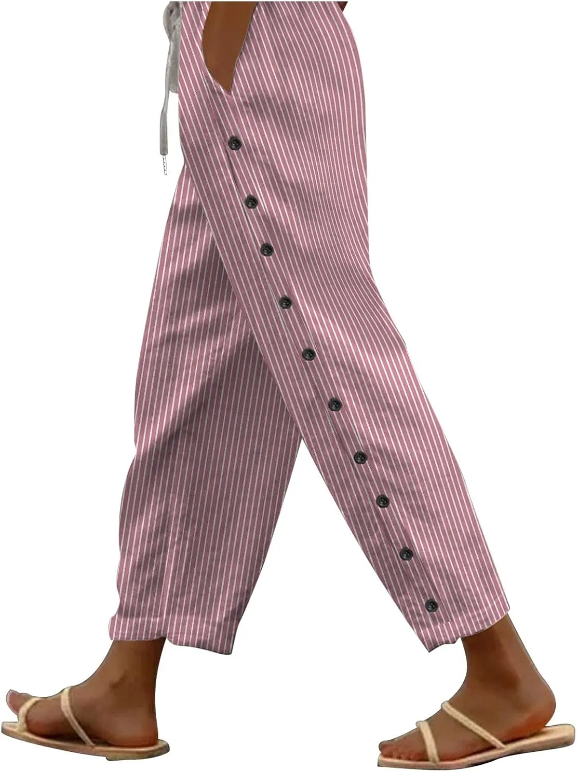 Women Harem Pants with Pockets Summer Linen Pants Casual Striped Pants Drawstring Waist Pants Loose Trouser Beach Pant