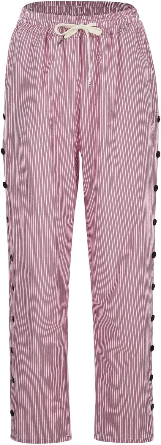 Women Harem Pants with Pockets Summer Linen Pants Casual Striped Pants Drawstring Waist Pants Loose Trouser Beach Pant