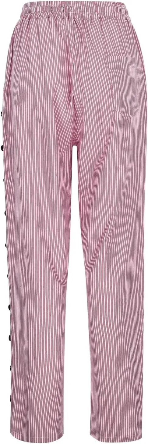 Women Harem Pants with Pockets Summer Linen Pants Casual Striped Pants Drawstring Waist Pants Loose Trouser Beach Pant