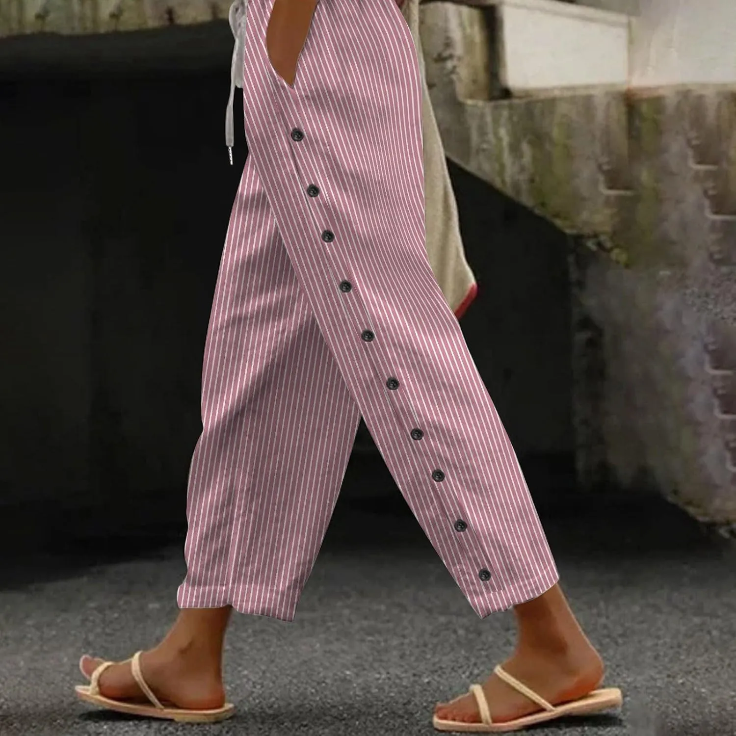 Women Harem Pants with Pockets Summer Linen Pants Casual Striped Pants Drawstring Waist Pants Loose Trouser Beach Pant